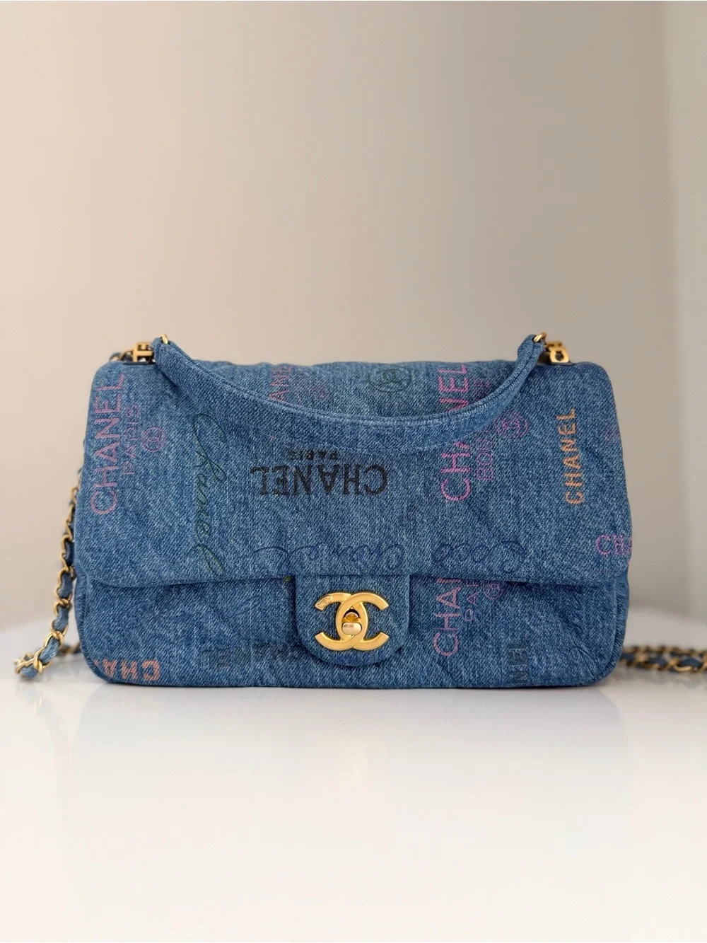 CHANEL DENIM FLAP BAG CC PRINTED LOGO